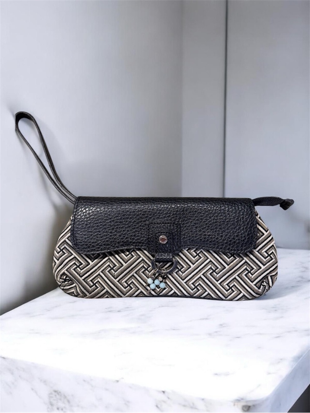 Tommy Hilfiger Black and Cream Patterned Wristlet Clutch